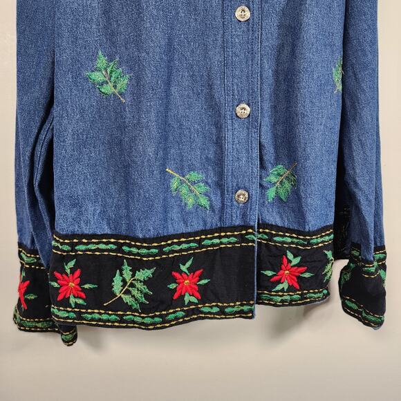 Blair Women Denim Shirt XL Embroidered Festive Poinsettia Holiday Button Front - Picture 6 of 9